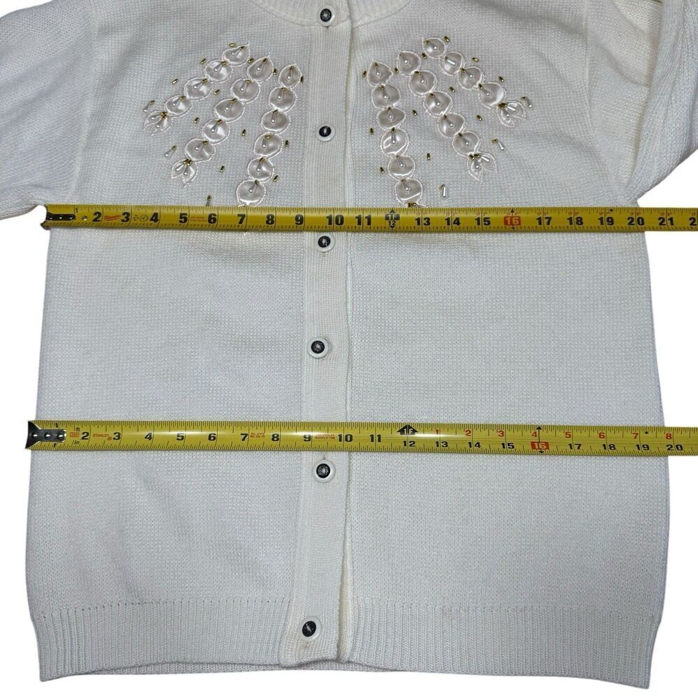 Vtg 60s Cardigan Women's Ivory Gold Pearl Beads Ornate Buttons Medium - Picture 6 of 8